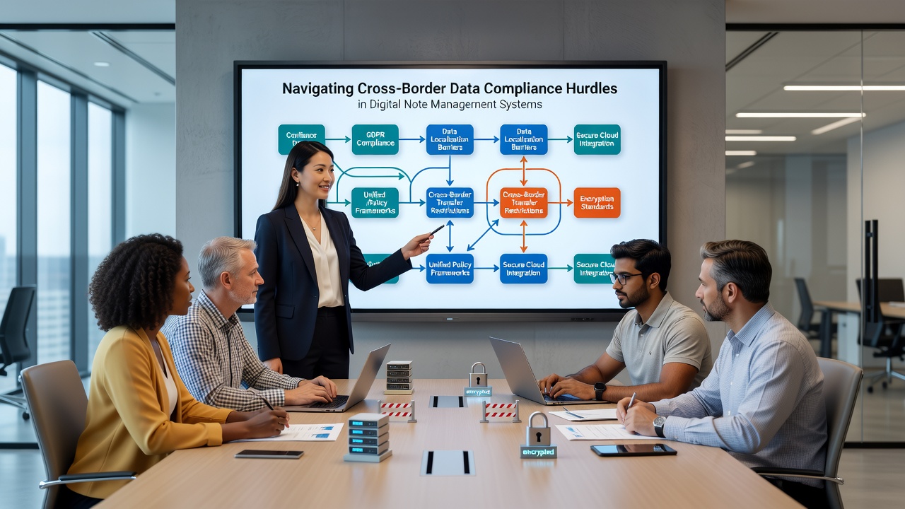 Compliance team reviewing data transfer agreements on multiple screens in a modern office setting